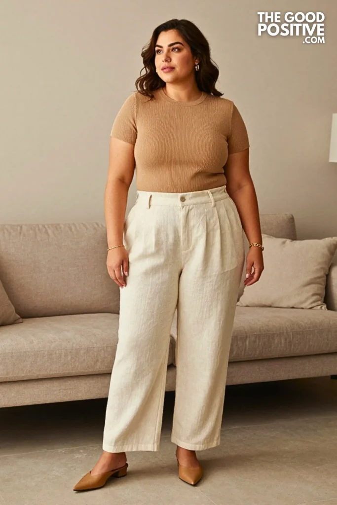 Plus Size Ribbed Knit Matching Set With Linen Trousers Outfit