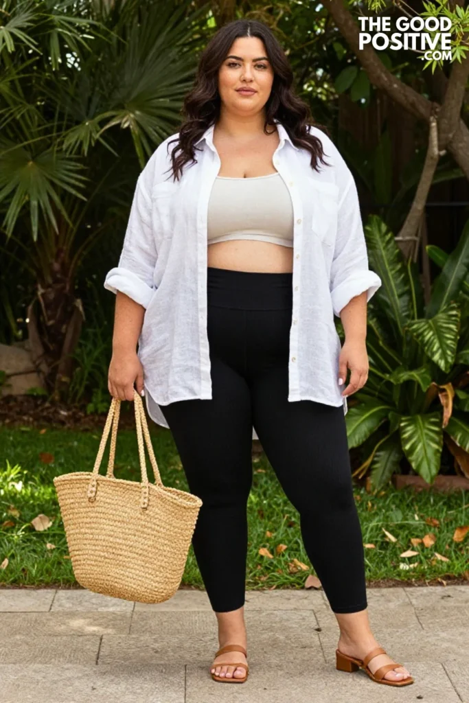Plus Size Ribbed Leggings With Oversized Linen Button-Down Shirt Outfit