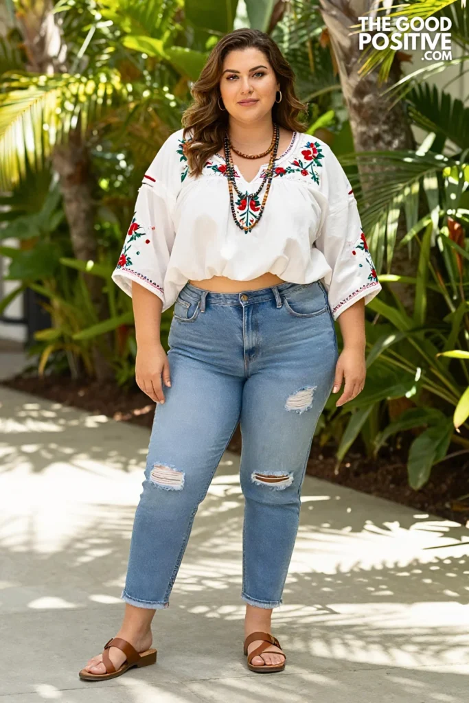 Plus Size Ripped Boyfriend Jeans With Embroidered Peasant Blouse Outfit