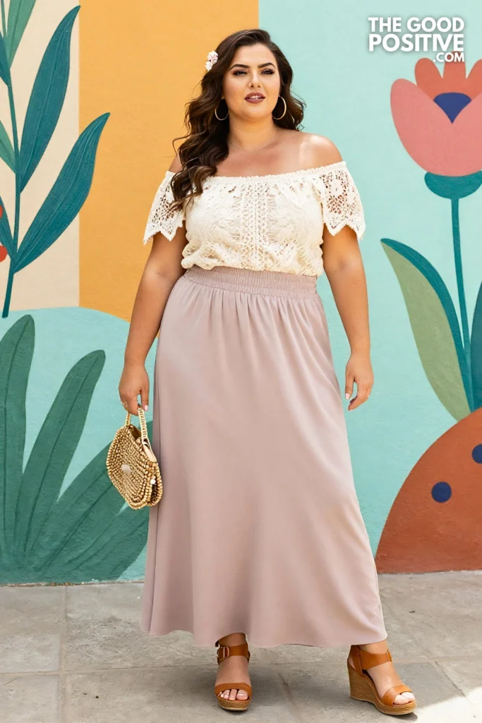 Plus Size Ruched Side Maxi Skirt With Off-Shoulder Lace Top Boho Outfit