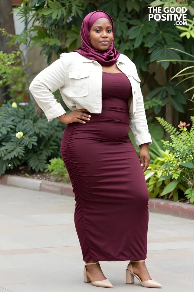 Plus Size Ruched Side Maxi Skirt With Structured Crop Jacket Outfit