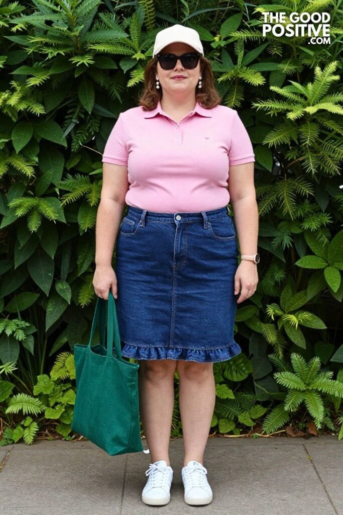 Plus Size Ruffled Hem Denim Midi Skirt & Fitted Polo Shirt Preppy Mom Summer Outfit