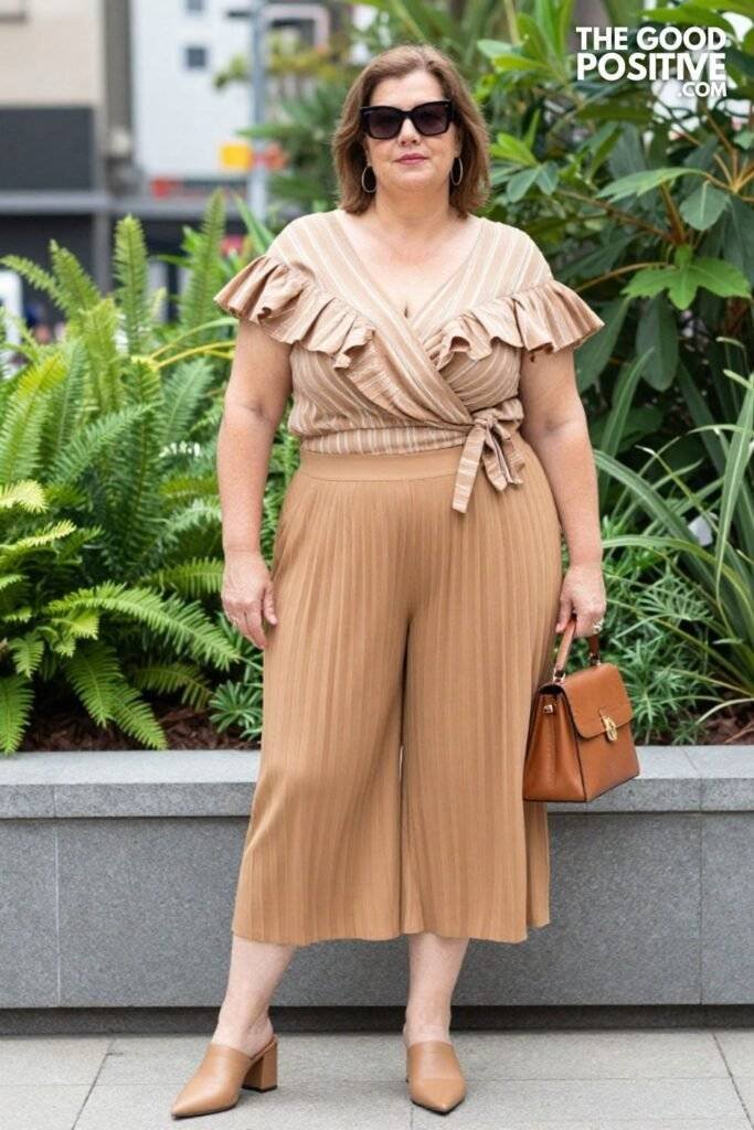 Plus Size Ruffled Sleeve Wrap Top With Pleated Culotte Trousers Business Casual Summer Outfit