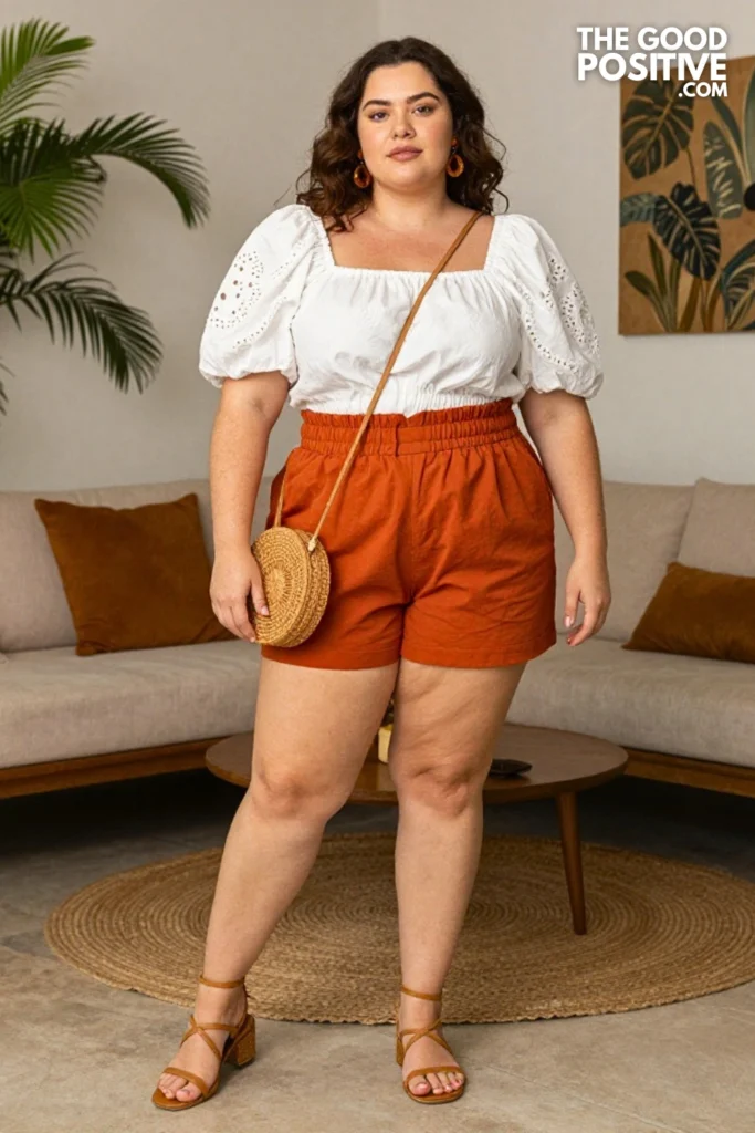 Plus Size Rust Orange Shorts With White Broderie Anglaise Puff Sleeve Top Outfit