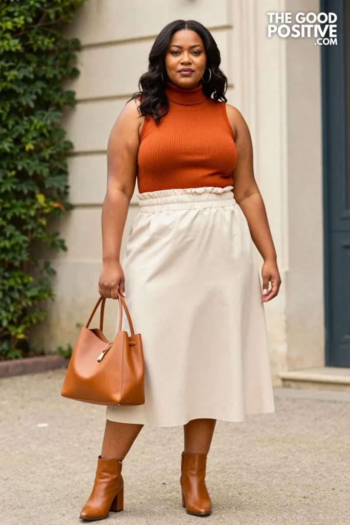 Plus Size Rust Orange Sleeveless Turtleneck Bodysuit & Paperbag Waist Midi Skirt Outfit