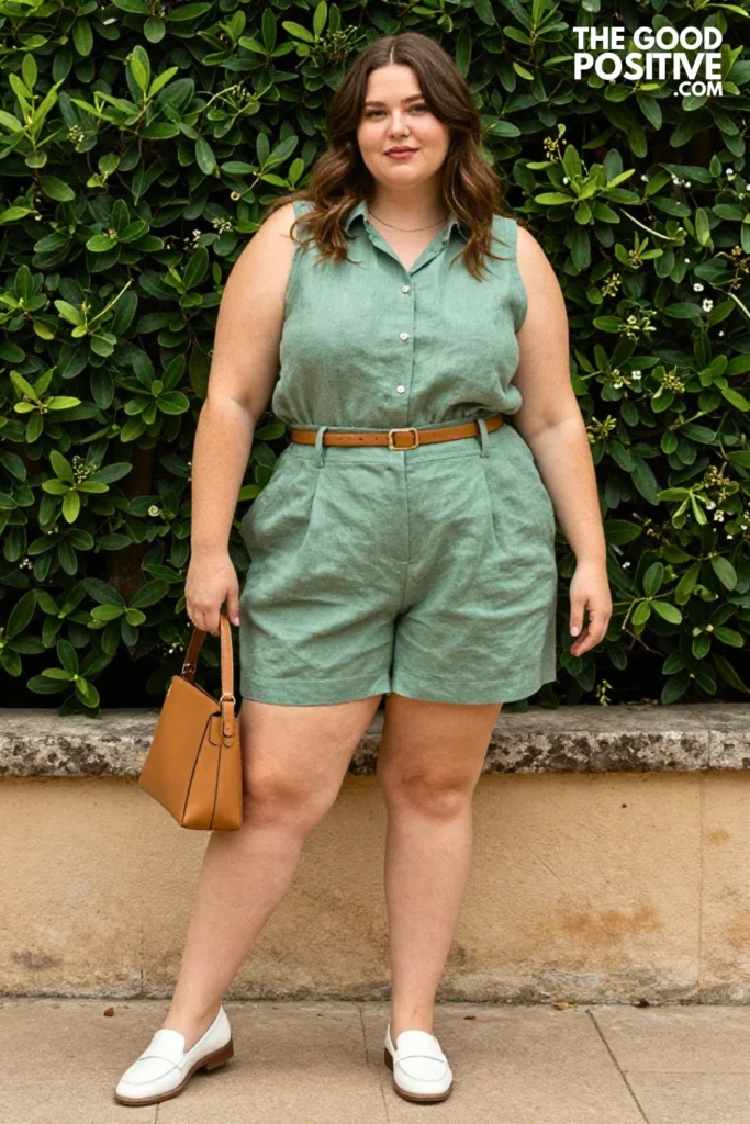 Plus Size Sage Green Tailored Shorts & Sleeveless Linen Button-Down Outfit