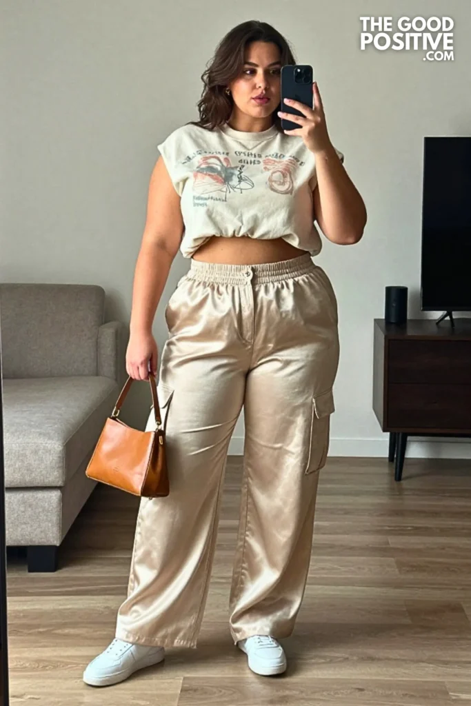 Plus Size Satin Cargo Pants With Fitted Graphic Sweatshirt Outfit