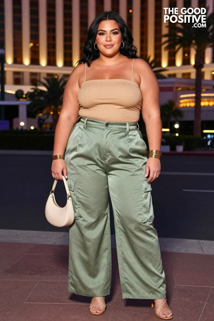 Plus Size Satin Cargo Pants With Fitted Tube Top Outfit