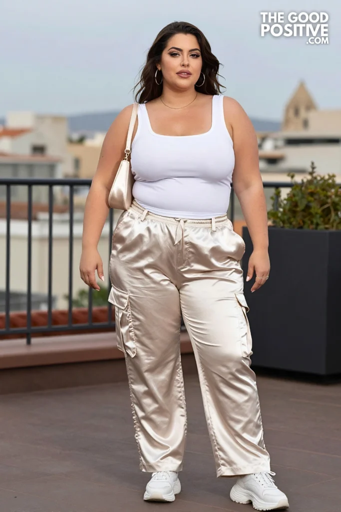 Plus Size Satin Cargo Trousers & Fitted Square-Neck Tank Outfit