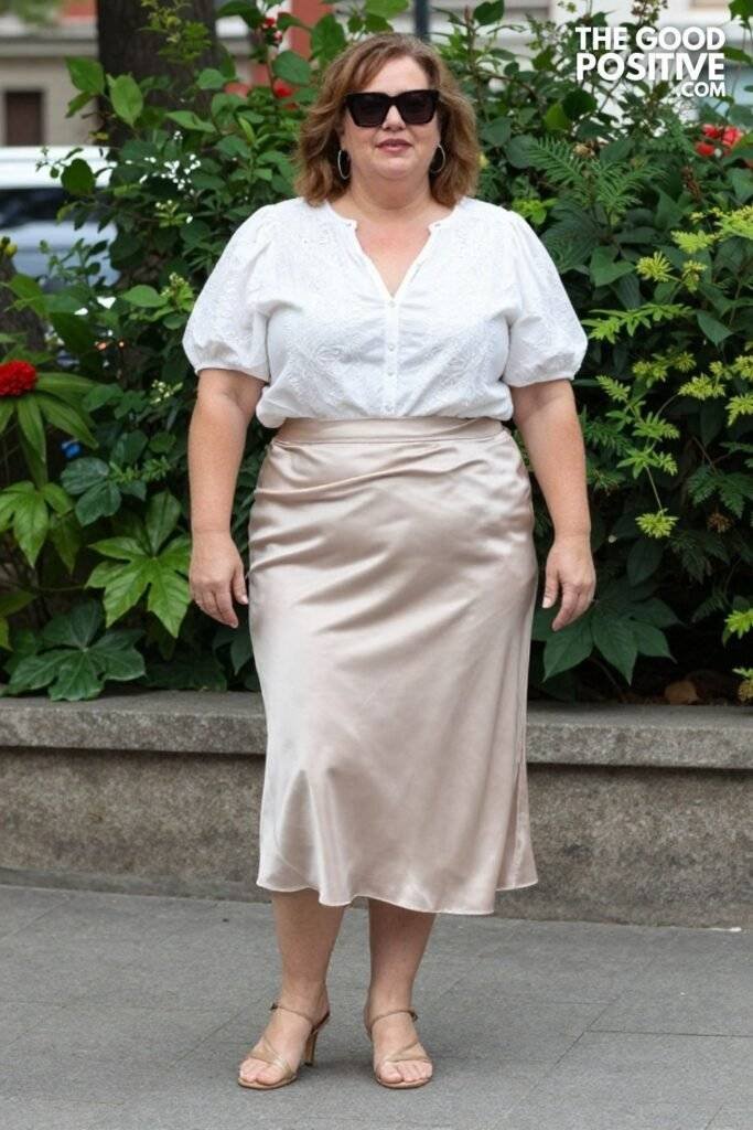 Plus Size Satin Midi Bias Skirt With Embroidered Blouse Elegant Summer Evening Outfit