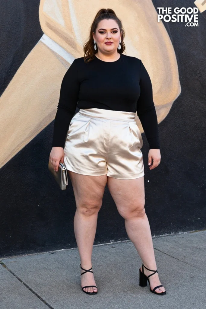 Plus Size Satin Shorts With Fitted Cap-Sleeve Top and Block Heel Sandals Outfit