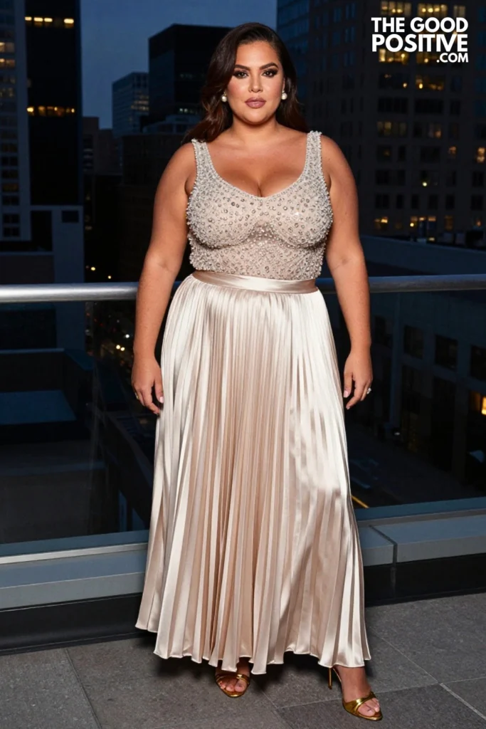 Plus Size Satin Slip-Effect Pleated Maxi Skirt With Embellished Top Outfit