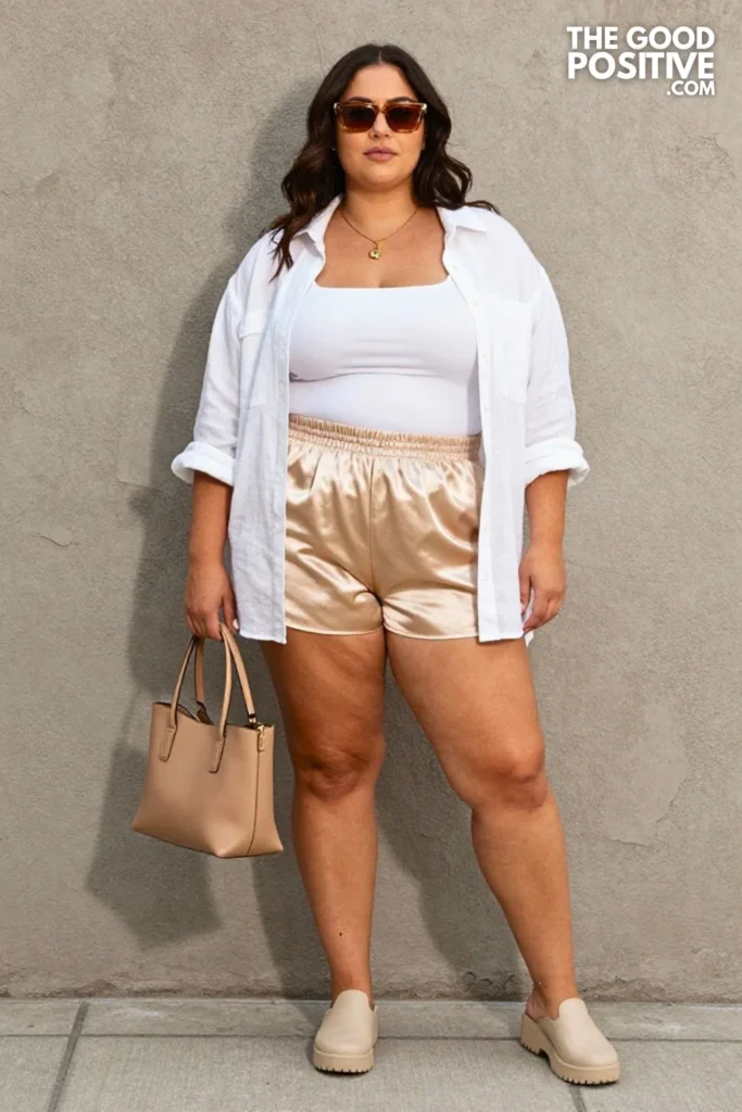 Plus Size Satin Slip Shorts & Oversized Button-Down Streetwear Outfit