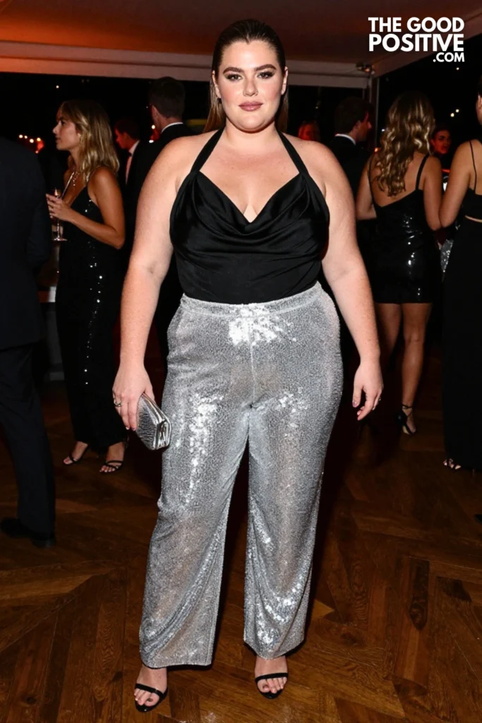Plus Size Sequin Wide-Leg Pants With Draped Halter Top Outfit