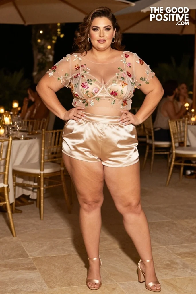 Plus Size Sheer Embroidered Organza Top With High-Waist Satin Shorts Outfit