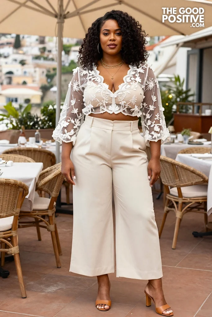 Plus Size Sheer Embroidered Overlay Top & Wide-Leg Tailored Shorts Outfit