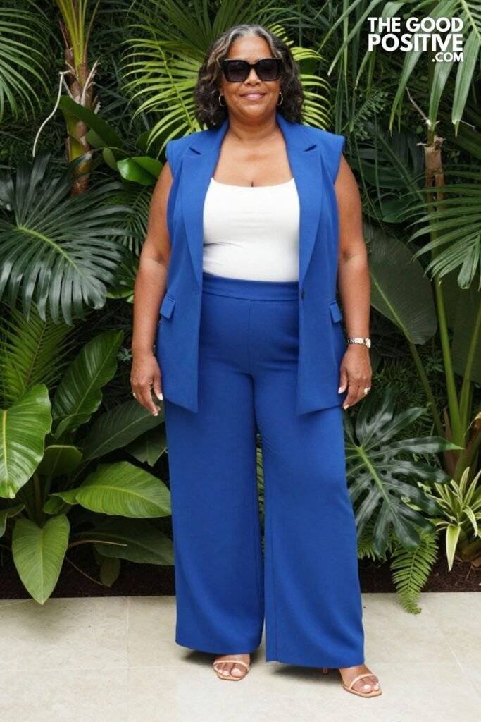 Plus Size Sleeveless Longline Blazer With Matching Wide-Leg Trousers Summer Power Suit Outfit