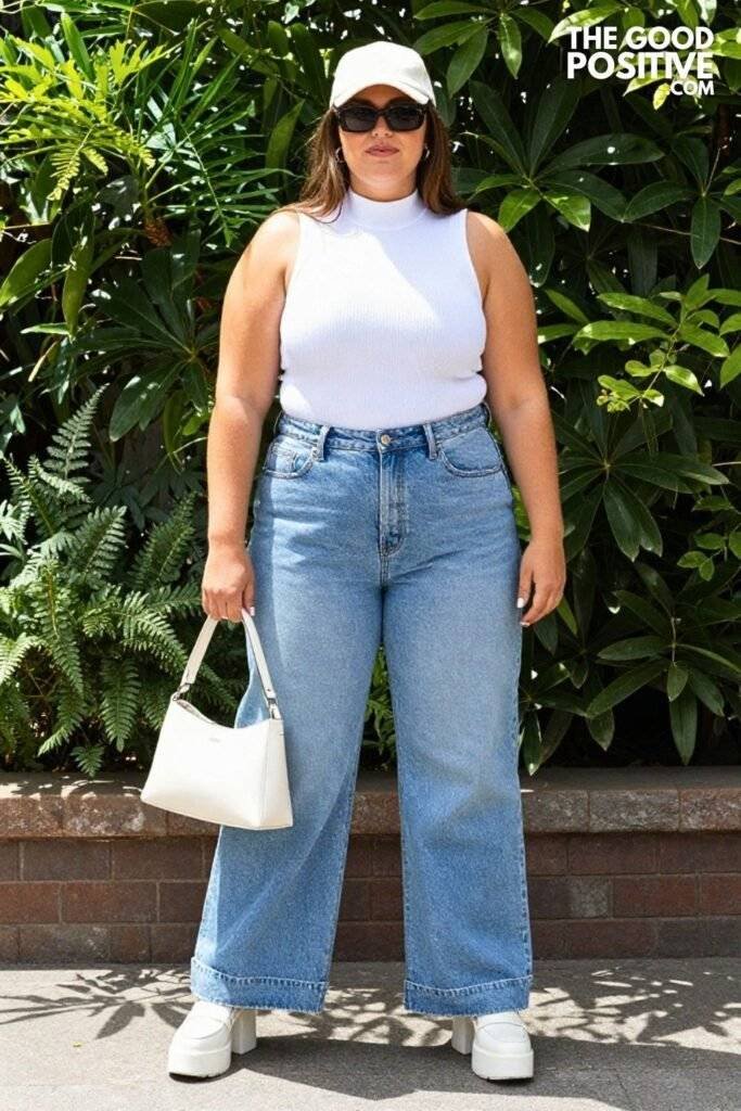 Plus Size Sleeveless Turtleneck Bodysuit and High-Waisted Wide-Leg Jeans Outfit