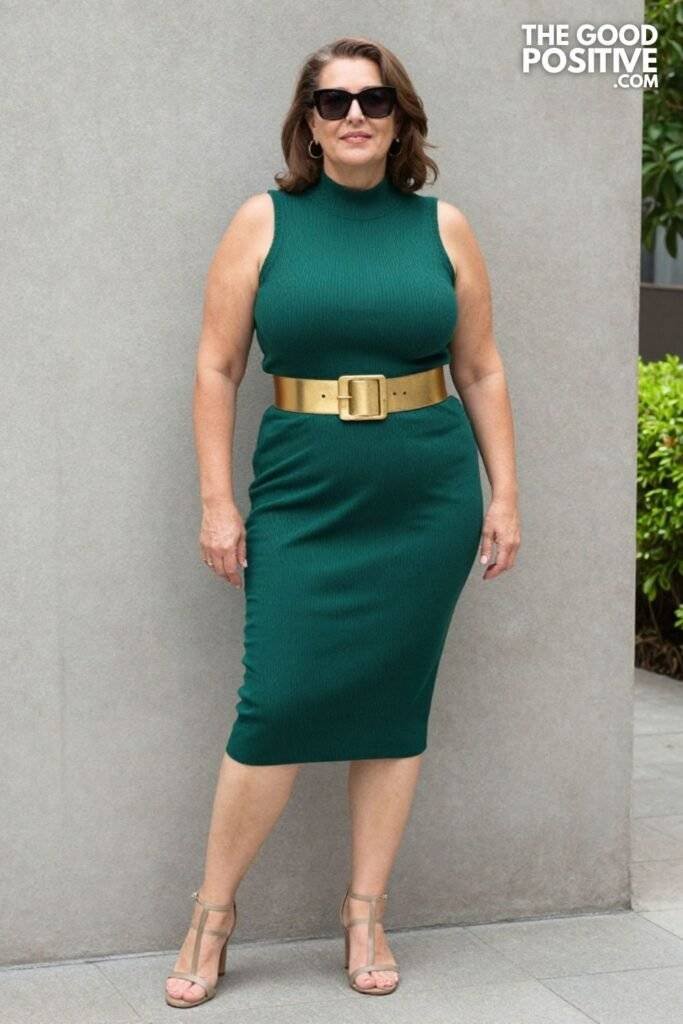 Plus Size Sleeveless Turtleneck Maxi Dress With Statement Belt Dinner Night Out Outfit