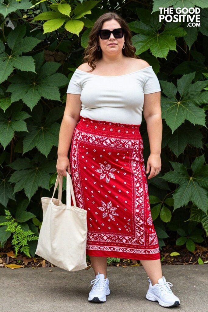 Plus Size Smocked Bandana Print Maxi Skirt & Off-Shoulder Top Soccer Mom Outfit