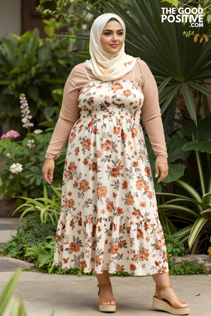 Plus Size Smocked Bodice Maxi Dress With Contrast Hijab Outfit