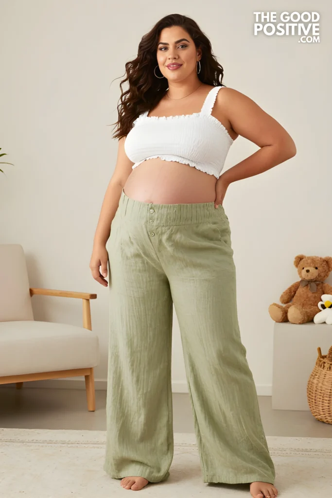 Plus Size Smocked Bodice Maxi Dress With Linen Wide-Leg Pants Outfit