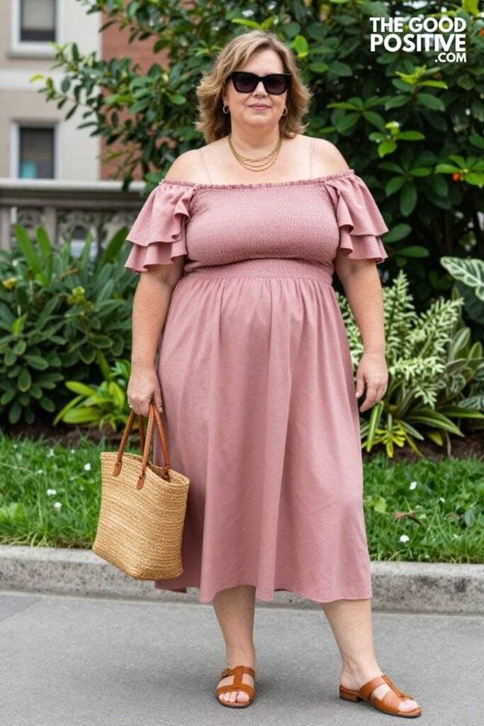 Plus Size Smocked Bodice Midi Dress With Flutter Sleeves Boho Summer Outfit