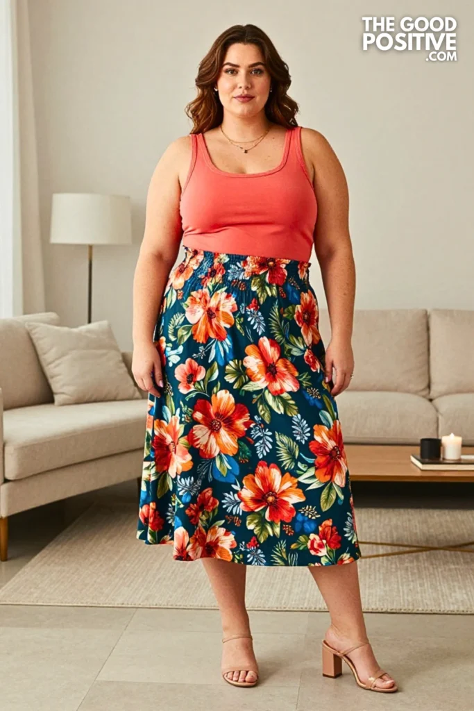 Plus Size Smocked Bodice Midi Skirt With Cropped Tank Top Outfit