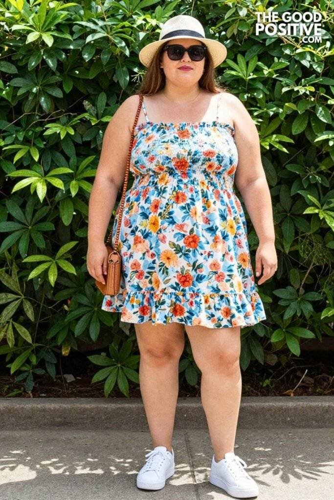 Plus Size Smocked Bodice Sundress with Ruffle Hem and Sneakers Outfit