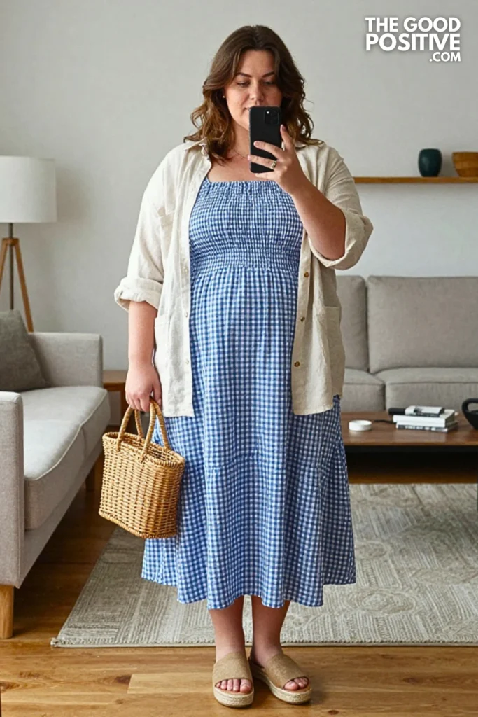 Plus Size Smocked Square-Neck Sundress With Overshirt Outfit