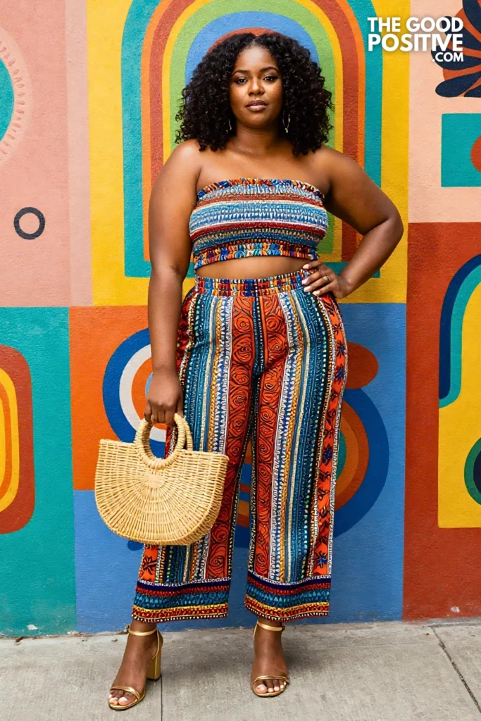 Plus Size Smocked Tube Top With Printed Wide-Leg Trousers Boho Outfit