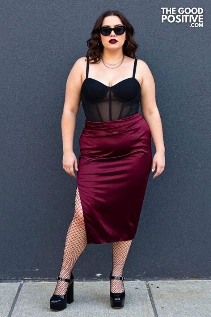 Plus Size Soft Goth Mesh Corset & Midi Skirt Outfit