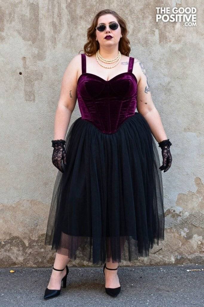 Plus Size Soft Goth Velvet Bustier & Tulle Maxi Skirt Outfit