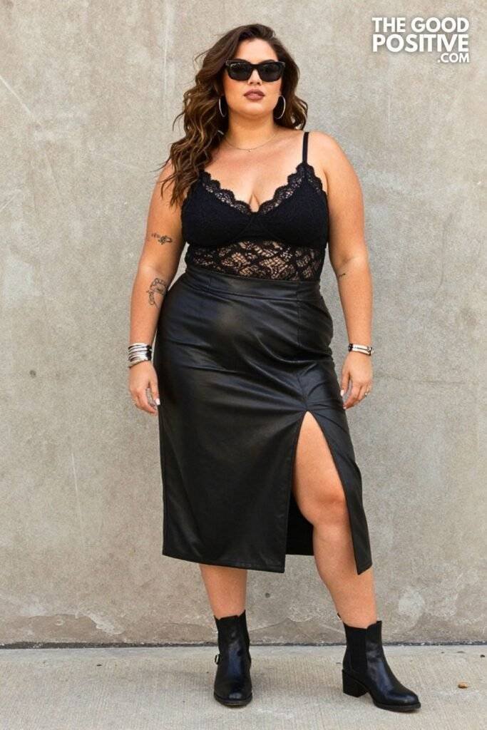 Plus Size Soft Grunge Lace Cami & Leather-Look Midi Skirt Outfit