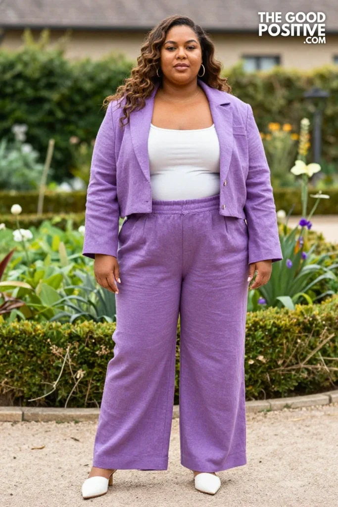 Plus Size Soft Lilac Linen Co-Ord Set with Wide Pants & Boxy Crop Jacket Outfit