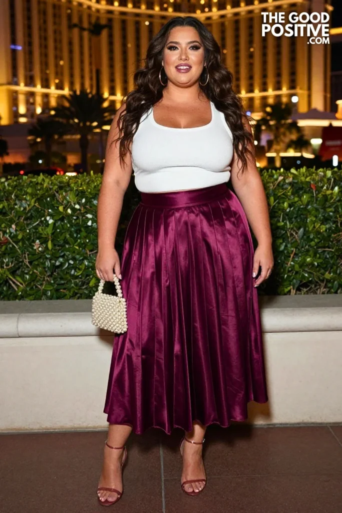Plus Size Spaghetti Strap Pleated Midi Skirt With Fitted Crop Tank Outfit