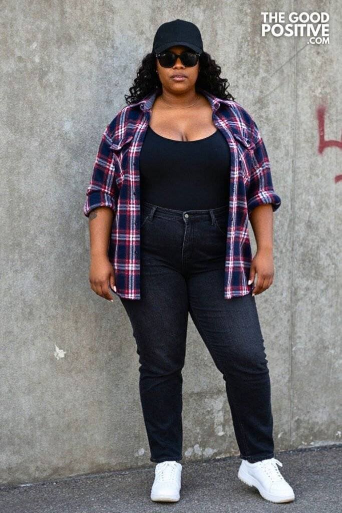 Plus Size Street Style Oversized Button-Down & Bodysuit Outfit
