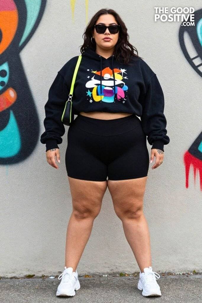 Plus Size Street Style Oversized Graphic Hoodie & Bike Shorts Outfit