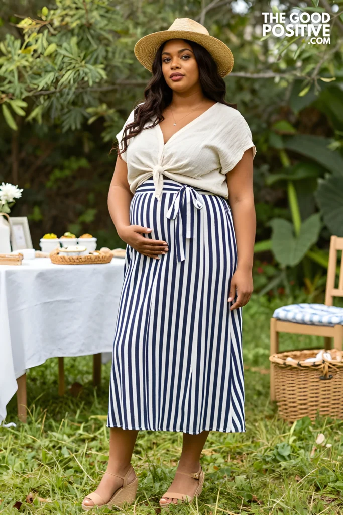 Plus Size Striped Midi Skirt With Adjustable Tie-Waist And Linen Blouse Outfit