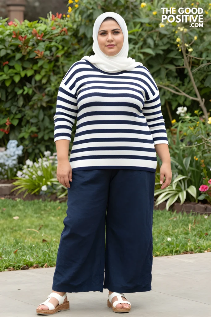Plus Size Striped Ottoman Knit Top With Linen Trousers Outfit