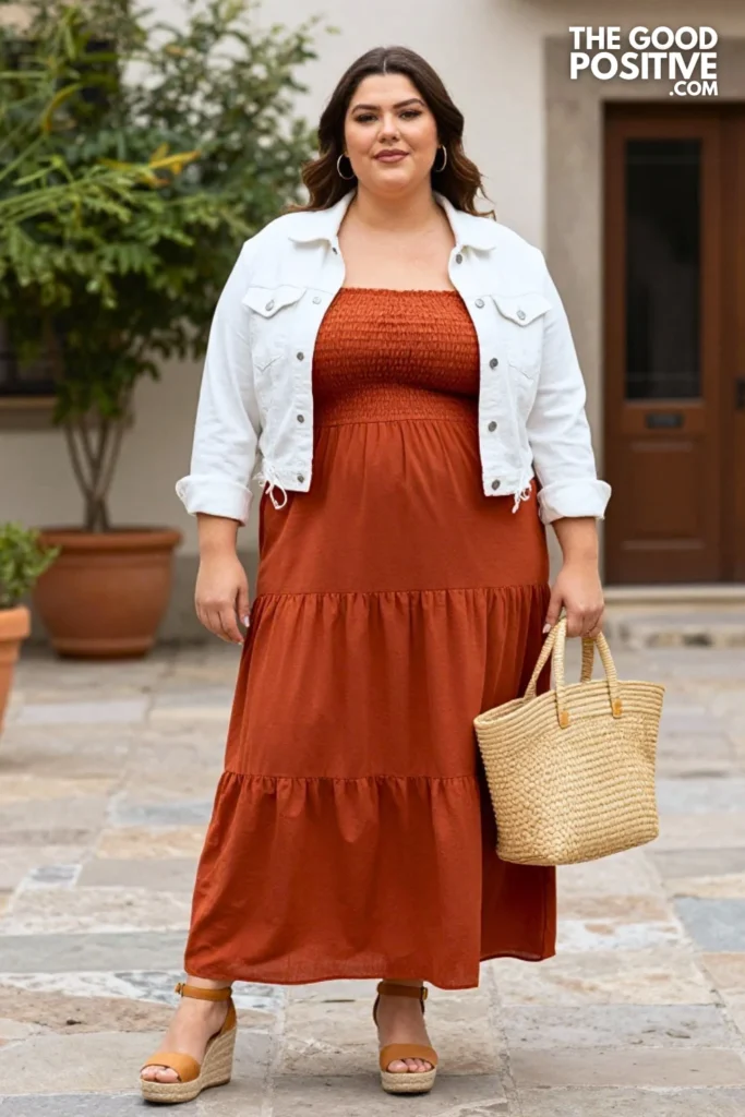 Plus Size Terracotta Smocked Bodice Maxi Dress & Denim Jacket Outfit