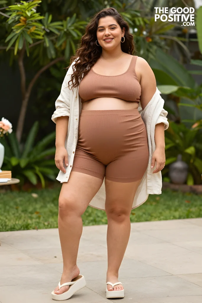 Plus Size Textured Rib-Knit Maternity Shorts Set With Crop Top Outfit
