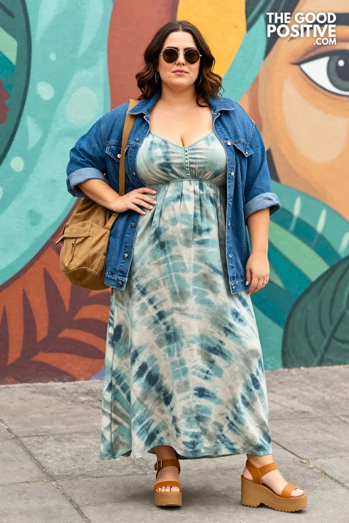 Plus Size Tie-Dye Maxi Dress With Denim Jacket Boho Aesthetic Outfit