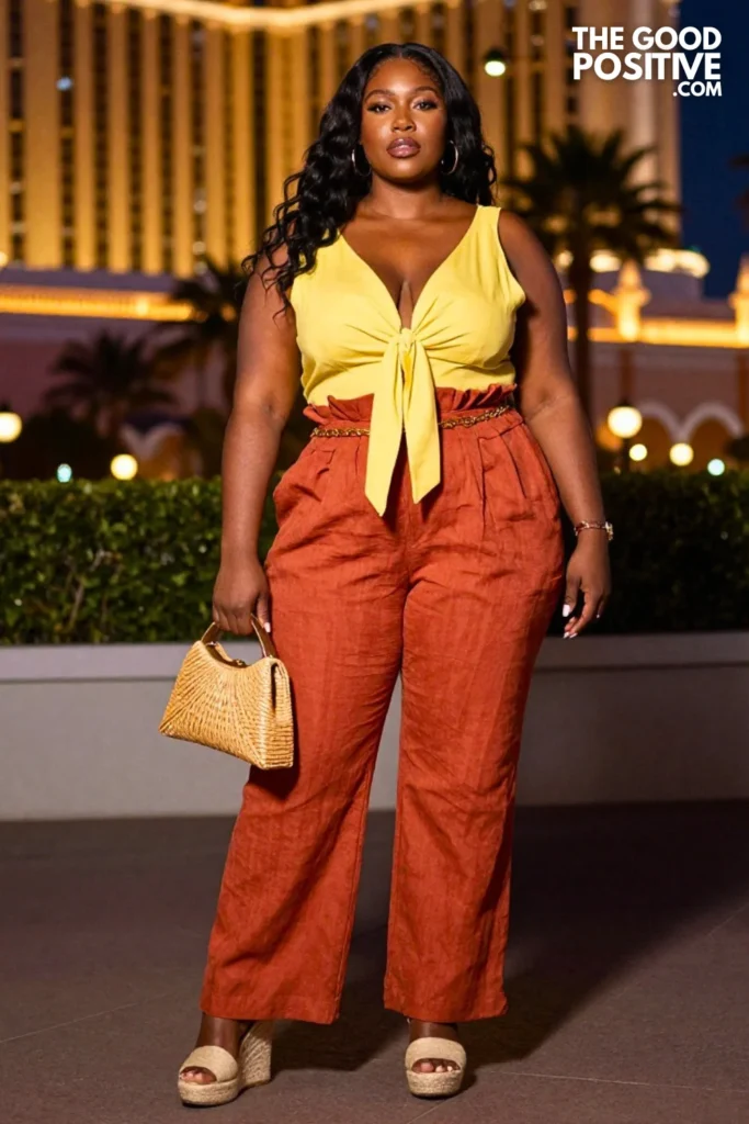 Plus Size Tie-Front Bralette With High-Waist Paperbag Trousers Outfit