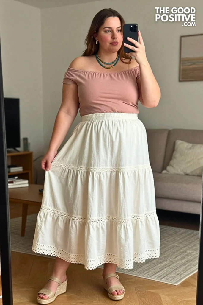 Plus Size Tiered Crochet-Trim Cotton Skirt With Off-Shoulder Top Outfit
