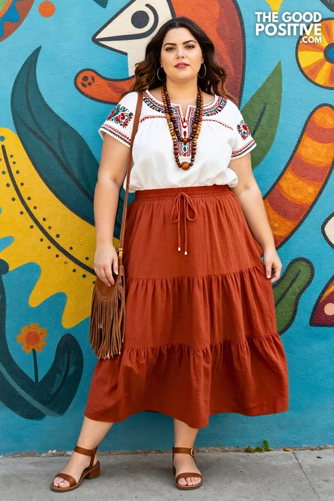 Plus Size Tiered Maxi Skirt With Embroidered Peasant Blouse Boho Outfit