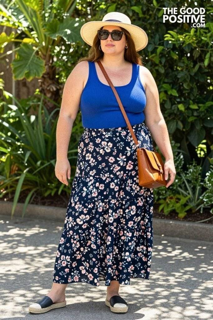 Plus Size Tiered Maxi Skirt and Fitted Ribbed Sleeveless Tank Outfit