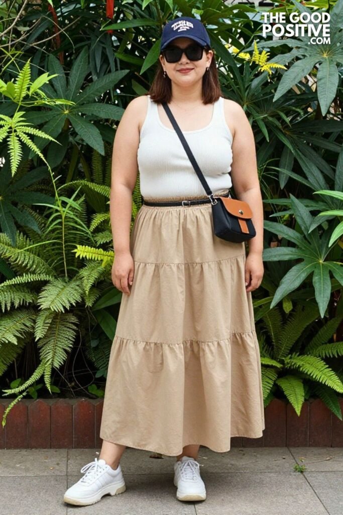 Plus Size Tiered Midi Skirt & Fitted Ribbed Tank Baseball Mom Outfit