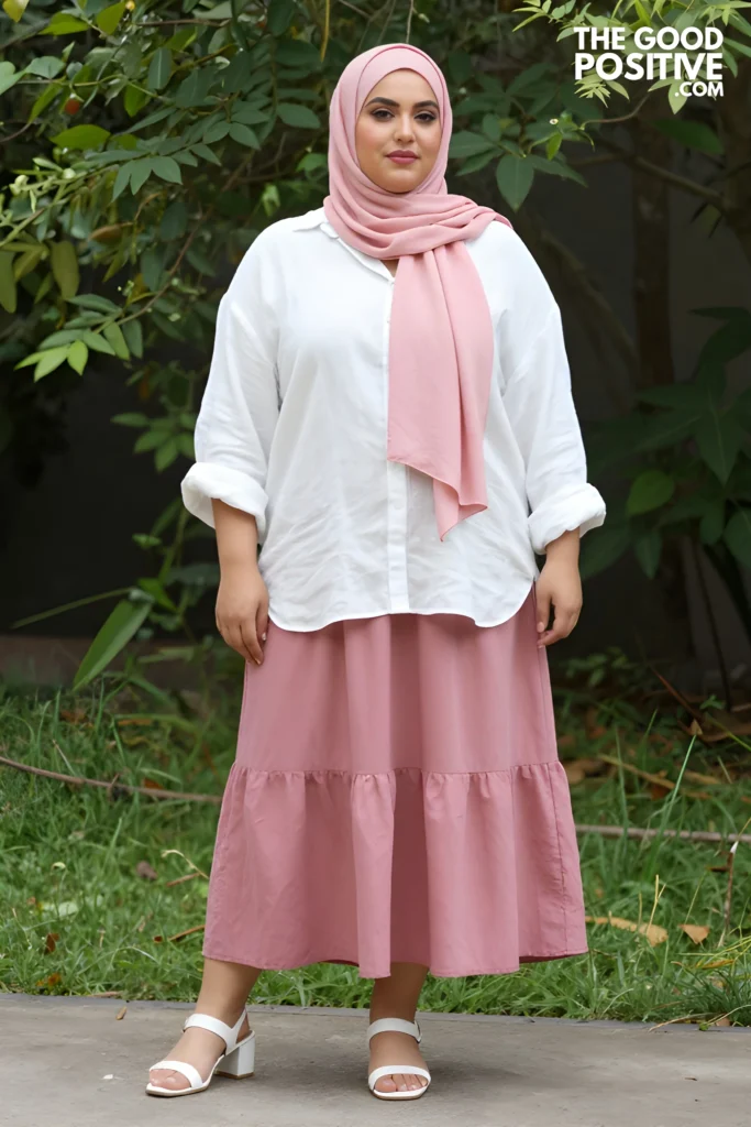 Plus Size Tiered Midi Skirt With Tucked Linen Shirt Outfit