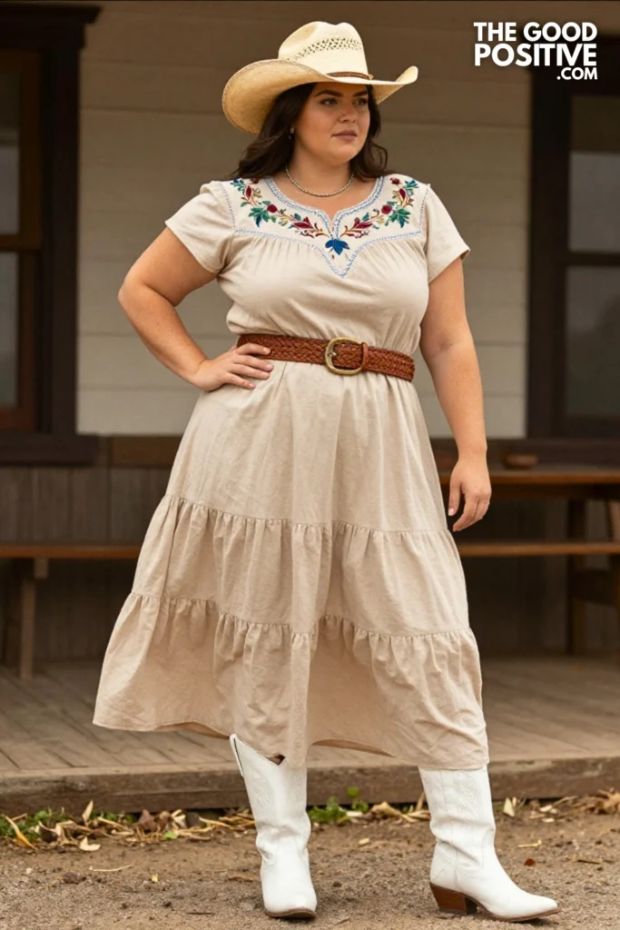 Plus Size Tiered Ruffle Cotton Sundress with Embroidered Western Yoke Outfit